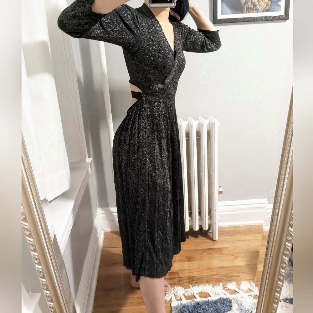 Kate Spade Metallic Dark Silver/Black Sweater Open Back Wrap Swing Holiday Dress